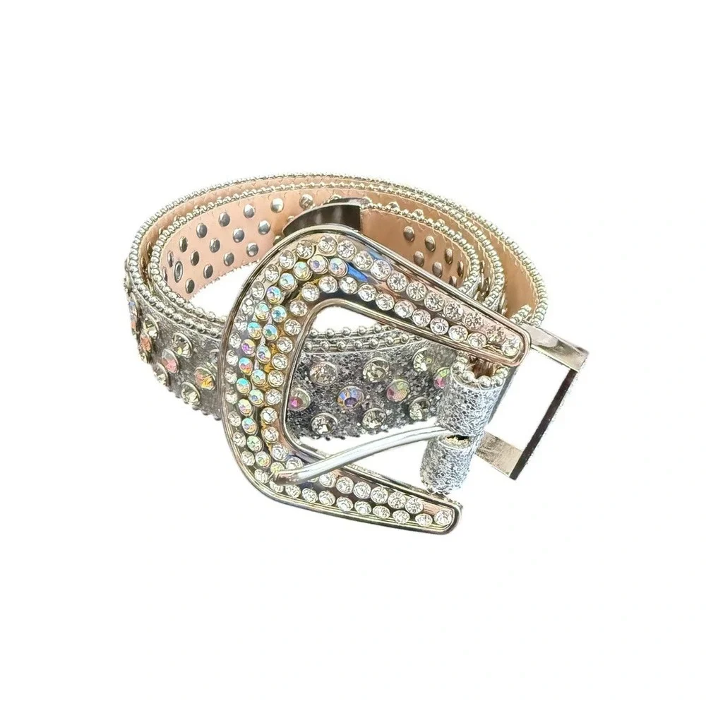 Silver Glitter Rhinestone Western Belt AB Crystal Bling Studded Y2K Glam 43
